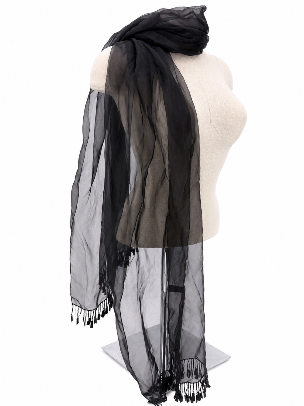 Collection XIIX Black Sheer Scarf Accessory Shawl Fringe Sequin Long Vintage